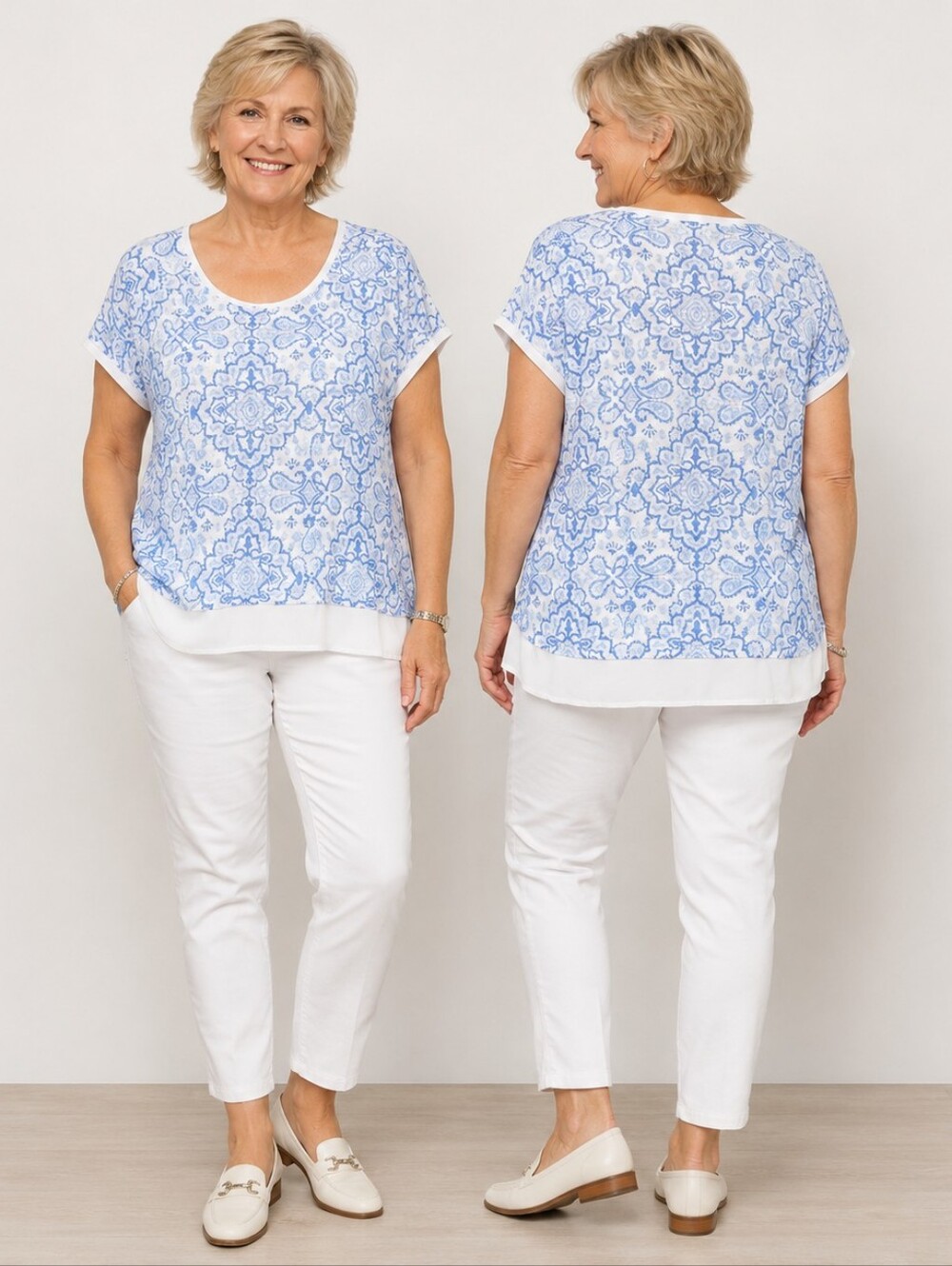 Tommy Hilfiger XL Blue White Paisley Print Layered Hem Top Coastal Preppy Resort